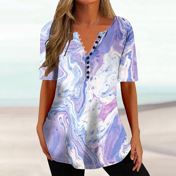 ICHUANYI Clearance Women Fashion Casual Printing Shirts Short Sleeve Loose Tee Tops Tunic Blouse(Purple, XL) ICHUANYI WER2023081402360