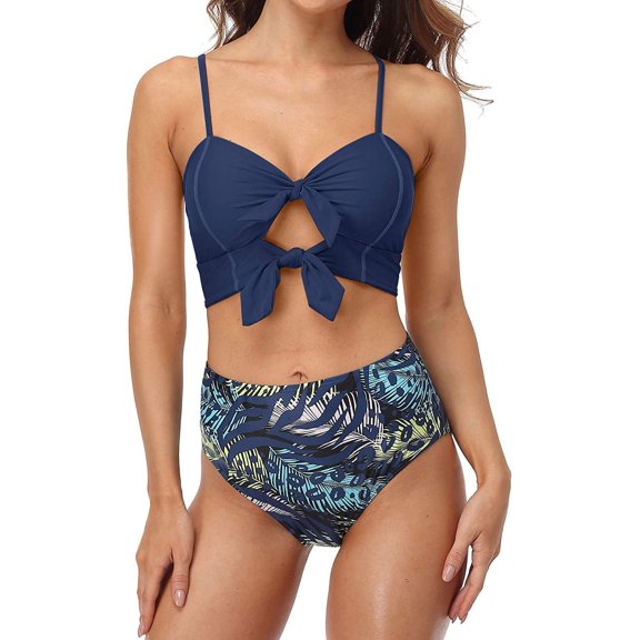 Charmo Womens Bikini Set Tie Knot Floral Swimsuits Ladies Two Pieces High Waisted Bikini Sexy Swimwear