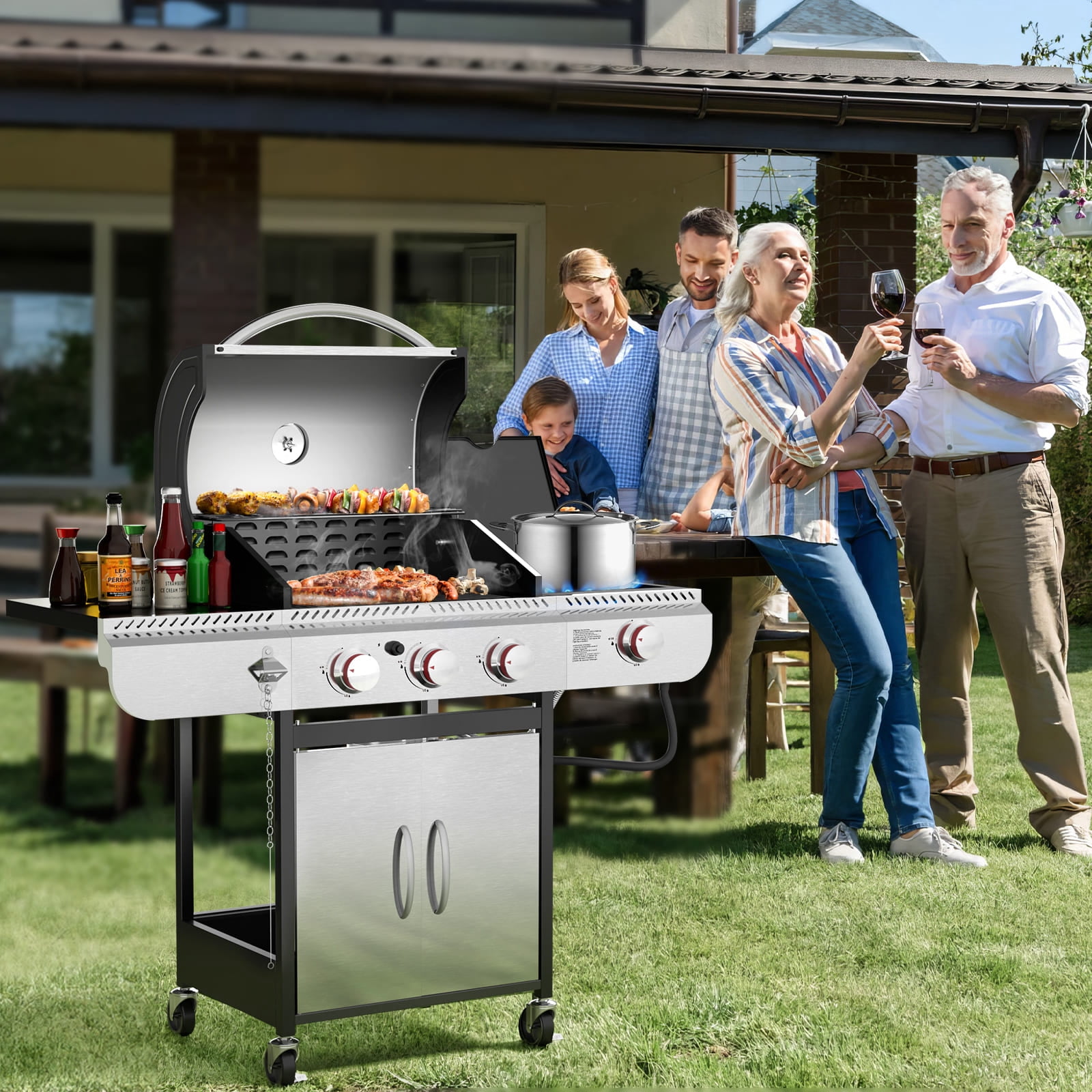 LHRIVER Stainless Steel 3 Burner Propane Gas Grill with Side Burner, 34,000 BTU Patio Garden Barbecue Grill,Porcelain-Enameled Cast Iron Grates