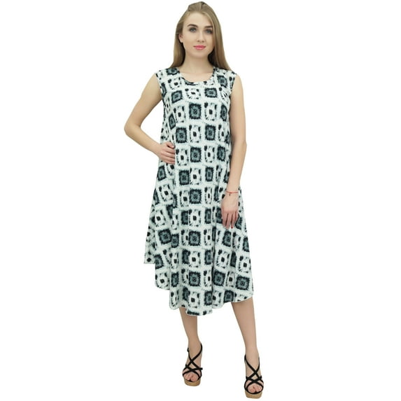 Bimba Women's Printed Knee Long Sleeveless Round Neck Casual Pleated Dress - 10