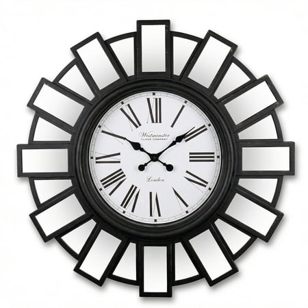 Westminster Clocks 30 Inch Oversized Mirror Wall Clock, Farmhouse, Roman Numerals, Black