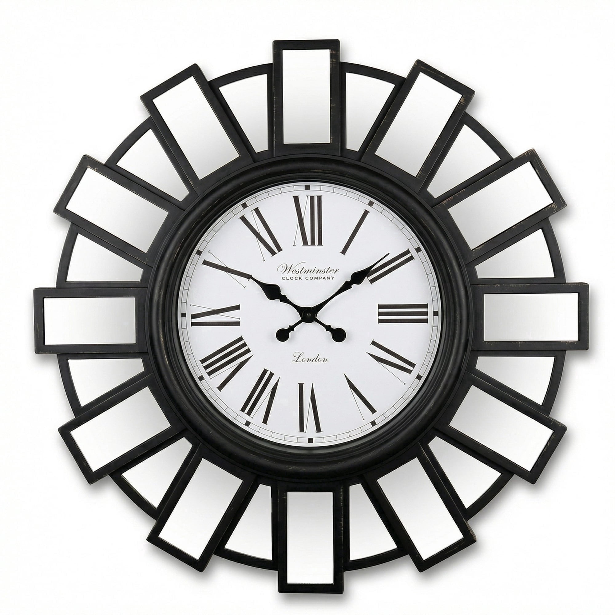 Westminster Clocks 30 Inch Oversized Mirror Wall Clock, Farmhouse, Roman Numerals, Black
