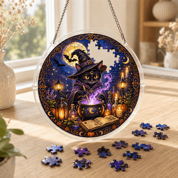Halloween Acrylic Puzzle Suncatcher,Stained Glass Style DIY Ornament with Black Cat Pattern, Light-Capturing Hanging Decor for Window,Indoor &Covered Outdoor Display