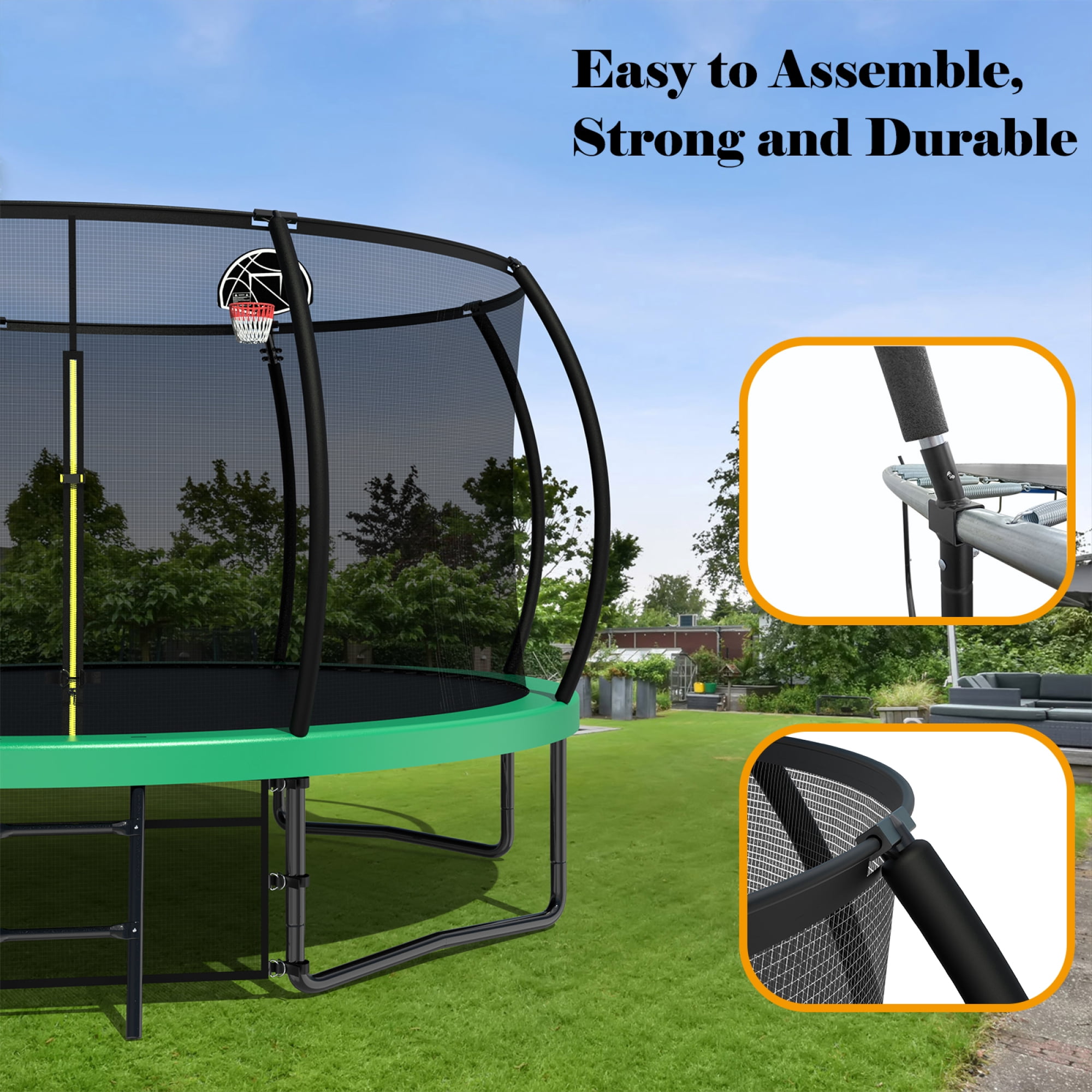 Leumius 14FT Trampoline with Basketball Hoop,Outdoor Pumpkin Recreational Trampolines with Ladder,Heavy-Duty Trampoline with Safety Enclosure for Kids and Adults,Green