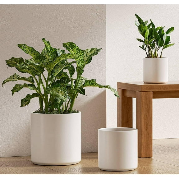 BEMAY Set of 3 (10" 8" 6") Plant Pots with Drainage Hole & Plug for Indoor & Patio Decor, White Indoor Plant Pots