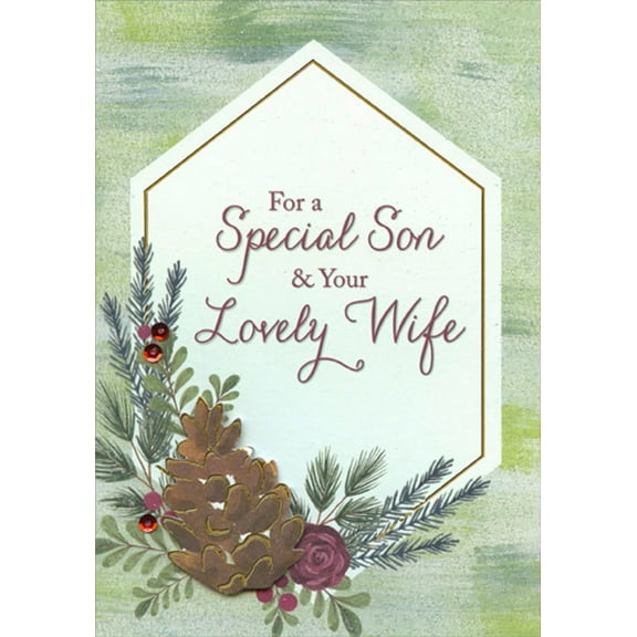 Designer Greetings Red Sequins, 3D Die Cut Pine Cone with Gold Foil Keepsake Hand Decorated Christmas Card for Son and Wife