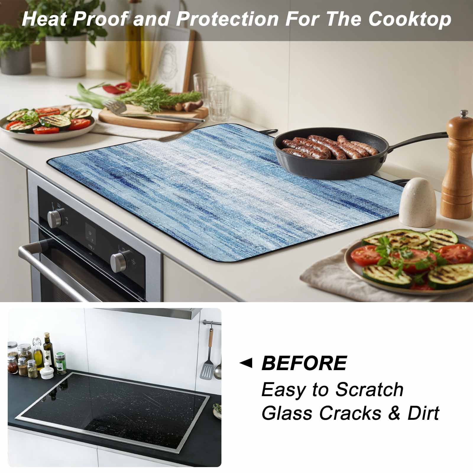 Vintage Blue Stove Top Cover for Electric Stove, Heat-proof & Non Slip Glass Top Stove Cover Protector, Retro Blue Ombre Modern Abstract Art Kitchen Flat Cooktop Rubber Mat 24x21 Inches