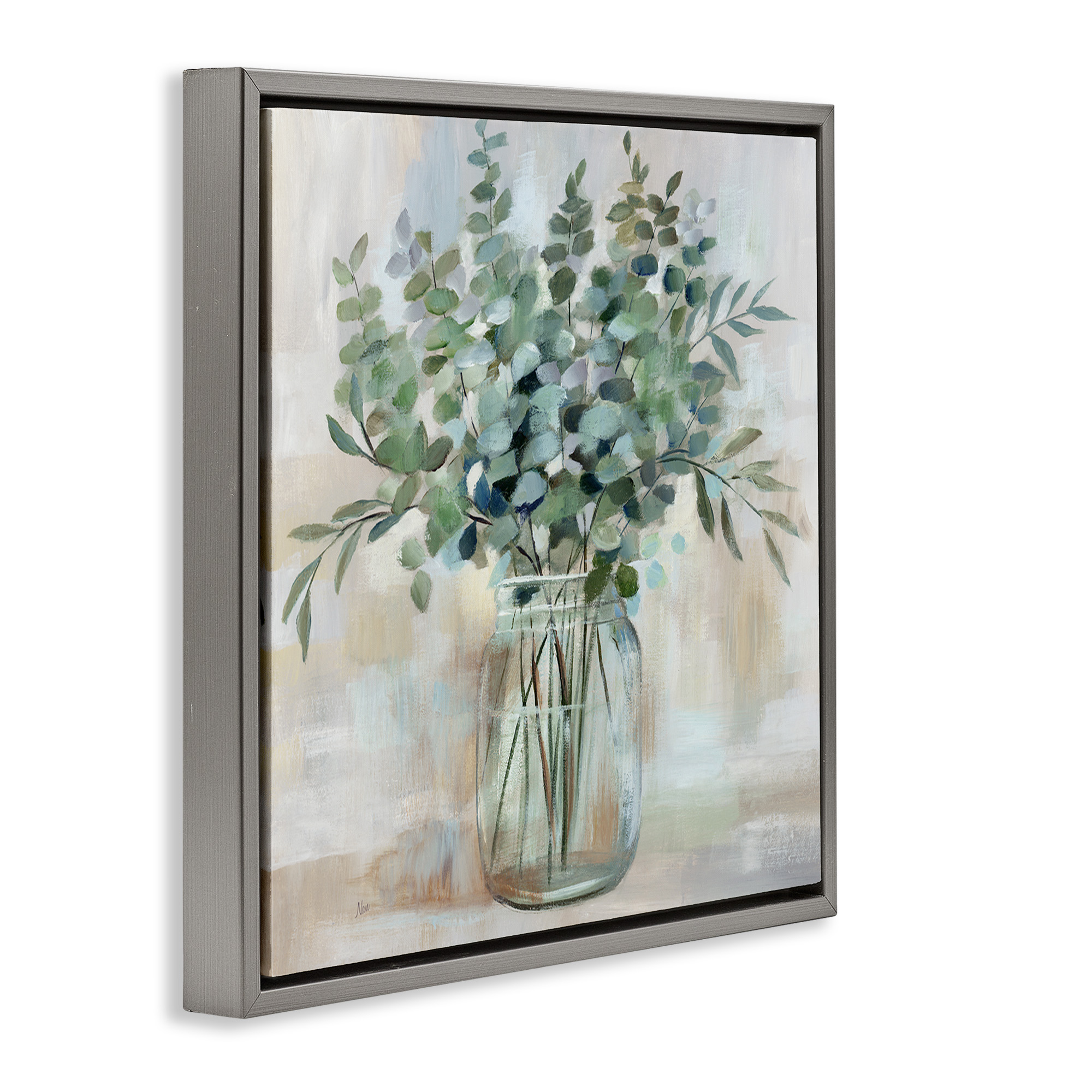 Stupell Industries Soothing Eucalyptus Herb Arrangement Botanical & Floral Painting Gray Floater Framed Canvas Art Print Wall Art, 25 x 25