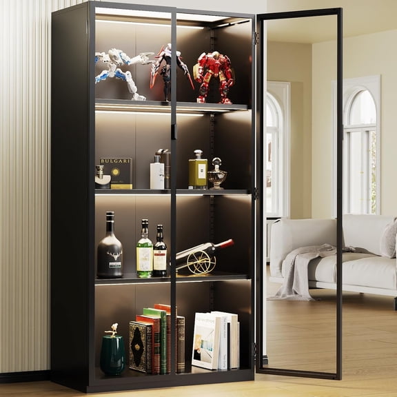 Display Cabinet with Glass Doors, 4-Tier Curio Cabinet with 3 Color Lights,Glass Display Case for Collectibles with Adjustable Shelves-Toys,Books,Figures,Exhibit(63" Black)