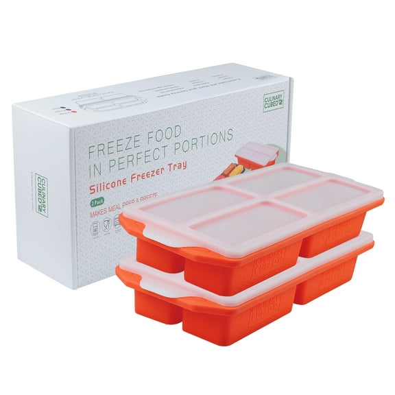 Culinary Cubed Silicone Freezer Trays with Lid 1-cup Soup Freezer Container large Ice Cube Molds with Reinforced Steel Ring Top for freezing Soup Sauce 1 Set 1-Cup Orange(2PC)