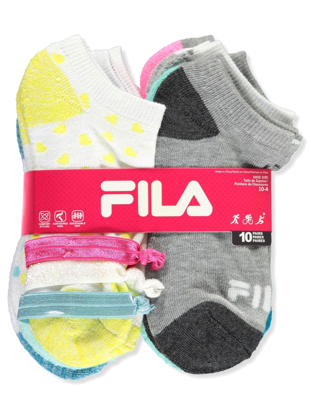 Fila Fila Girls' 10 Pack Ankle Socks with Hair Ties Fila Fila Girls' 10 Pack Ankle Socks with Hair Ties