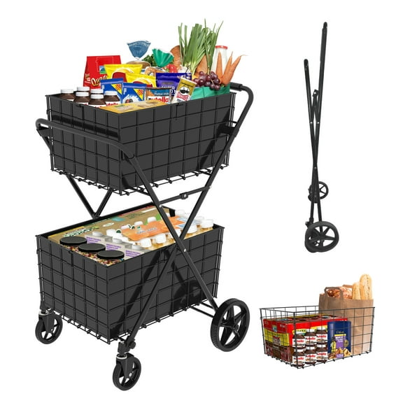 Jumbo Shopping Cart,2 Layers Grocery Cart on Wheels, Foldable Utility Shopping Carts with Double Basket and 360° Rolling Swivel Wheels for Groceries Laundry