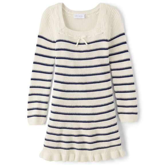 The Children's Place Girls Long Sleeve Striped Bow Sweater Dress, Sizes XS-XXL