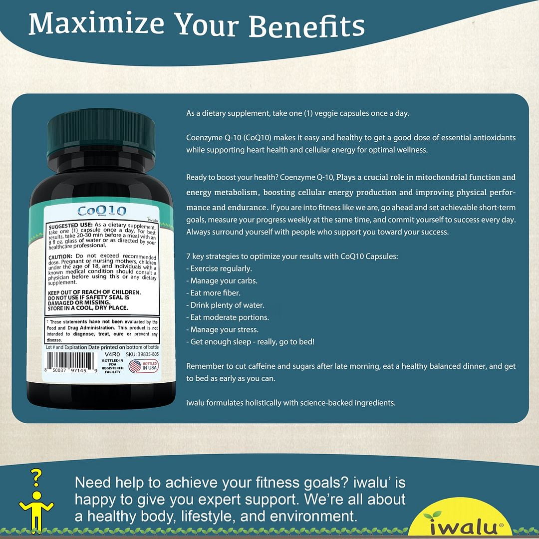 iwalu CoQ10 Ubiquinone | Supports Heart Health & Cellular Energy | Advanced Formula for Antioxidant Balance and Fitness Stamina - 30 Veg Capsules | NSF Certified & USA Made