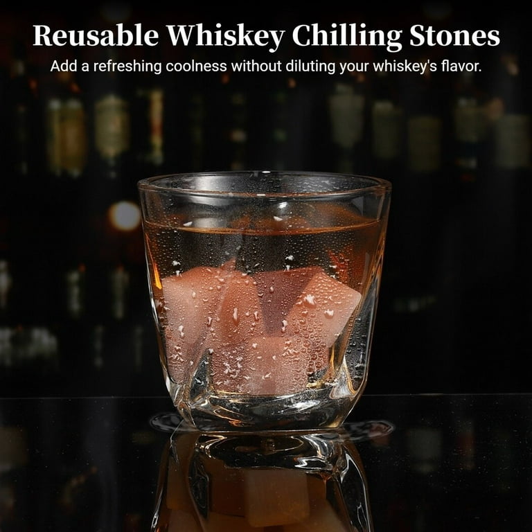 6PCS Whiskey Stones, Chilling Stones with Velvet Pouch, Reusable Ice Cubes,  Pink Jade Cooling Stones for Wine, Gin, Cocktail, Sipping Stones for