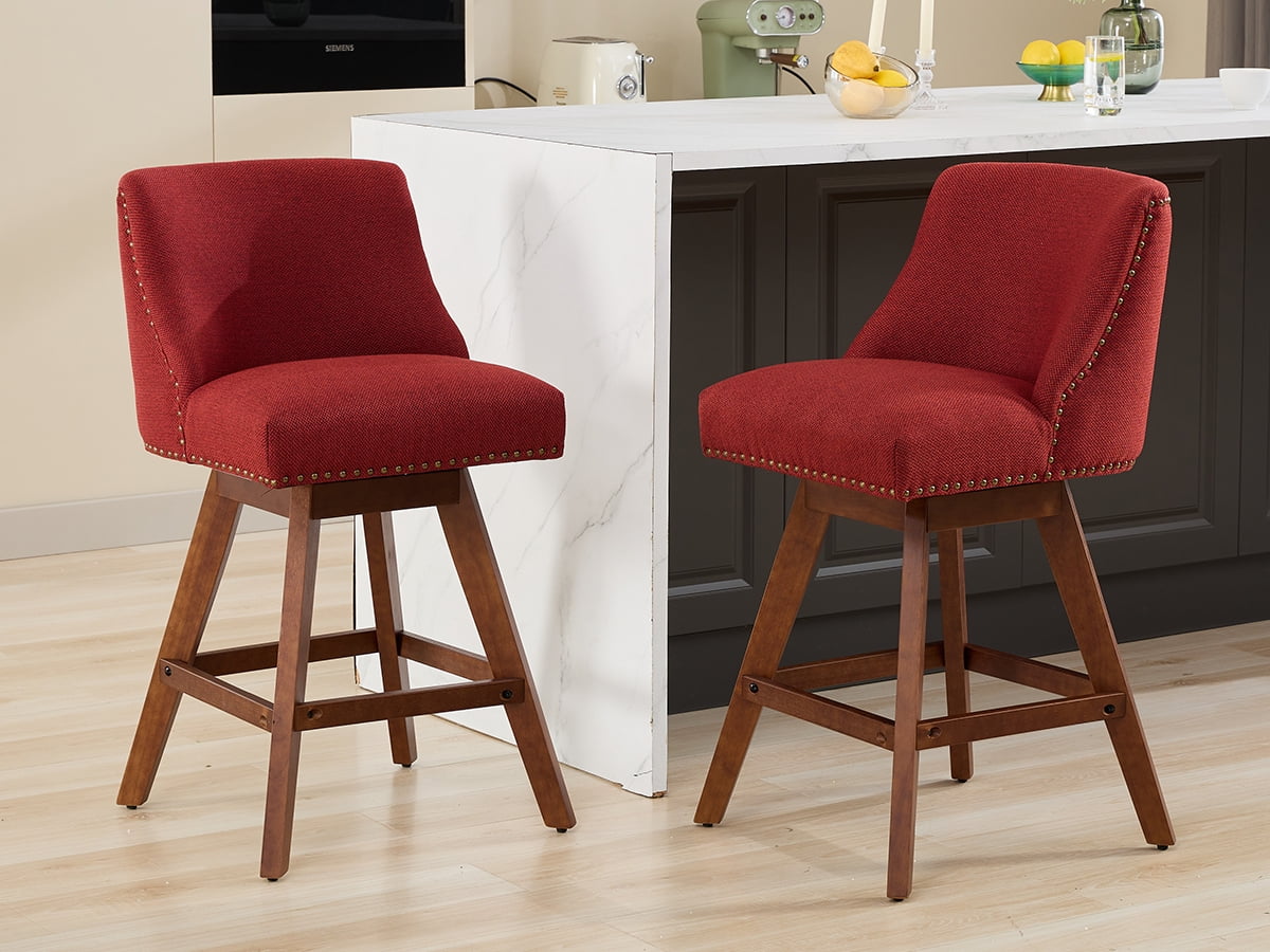 Modern Swivel Bar Stools Set of 6, Wine Red Counter Height Bar Stools with Back for Kitchen Island, Fabric Upholstered Island Chairs with Wood Legs, Barstool Chairs, Sillas para Barra de Cocina