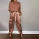 thumbnail image 4 of Conjunto de dos piezas de satén para mujer, traje holgado informal, Camiseta con cuello redondo, pantalones largos, chándal elegante, moda de primavera y verano, 4 of 5