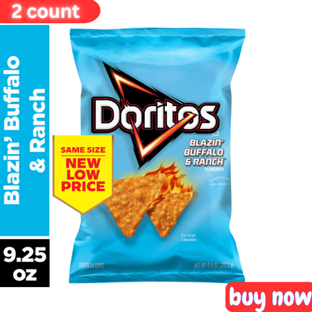Doritos Blazin’ Buffalo & Ranch Flavored Tortilla Chips – 2 Pack, 9.25oz Each – Bold, Spicy Corn Snack