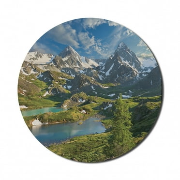 Mountain Mouse Pad for Computers, Lake Between Snowy Altai Range of Mountains Siberia Meadow Natural Artwork Print, Round Non-Slip Thick Rubber Modern Mousepad, 8" Round, Multicolor, by Ambesonne