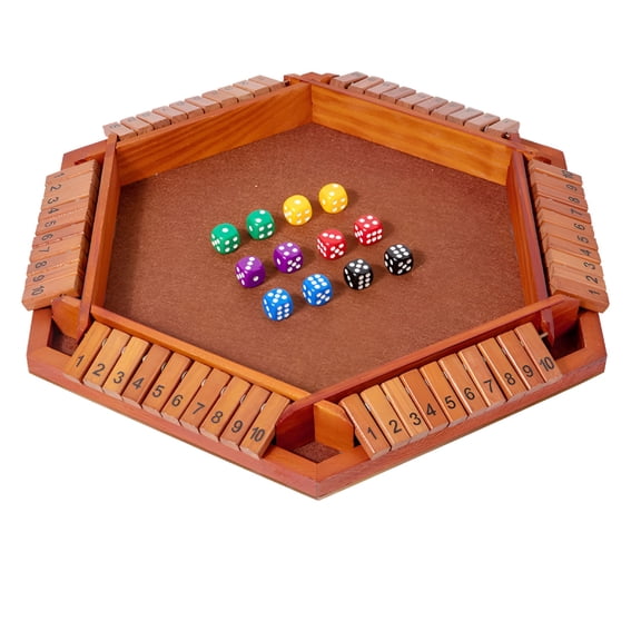 BESTSKY Wooden Shut The Box Dice Game for 6 Players - Family Pub Math Strategy Activity with 8 Dice, Brown