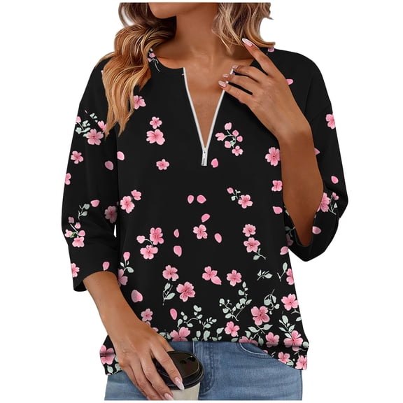 FRSASU Women's Long Sleeve Shirts Half-Zip V-Neck Floral Print Pullover Tops Spring Summer Loose Outfits Black-C