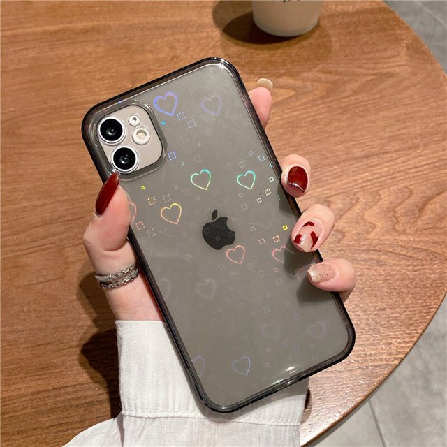 Funda suave transparente de lujo para iPhone, carcasa transparente con gradiente de corazón de amor láser para iPhone 14, 13, 12, 11 Pro Max, MiNi X, XR, XS, 7, 8 Plus, SE, 2020 Fivean unisex