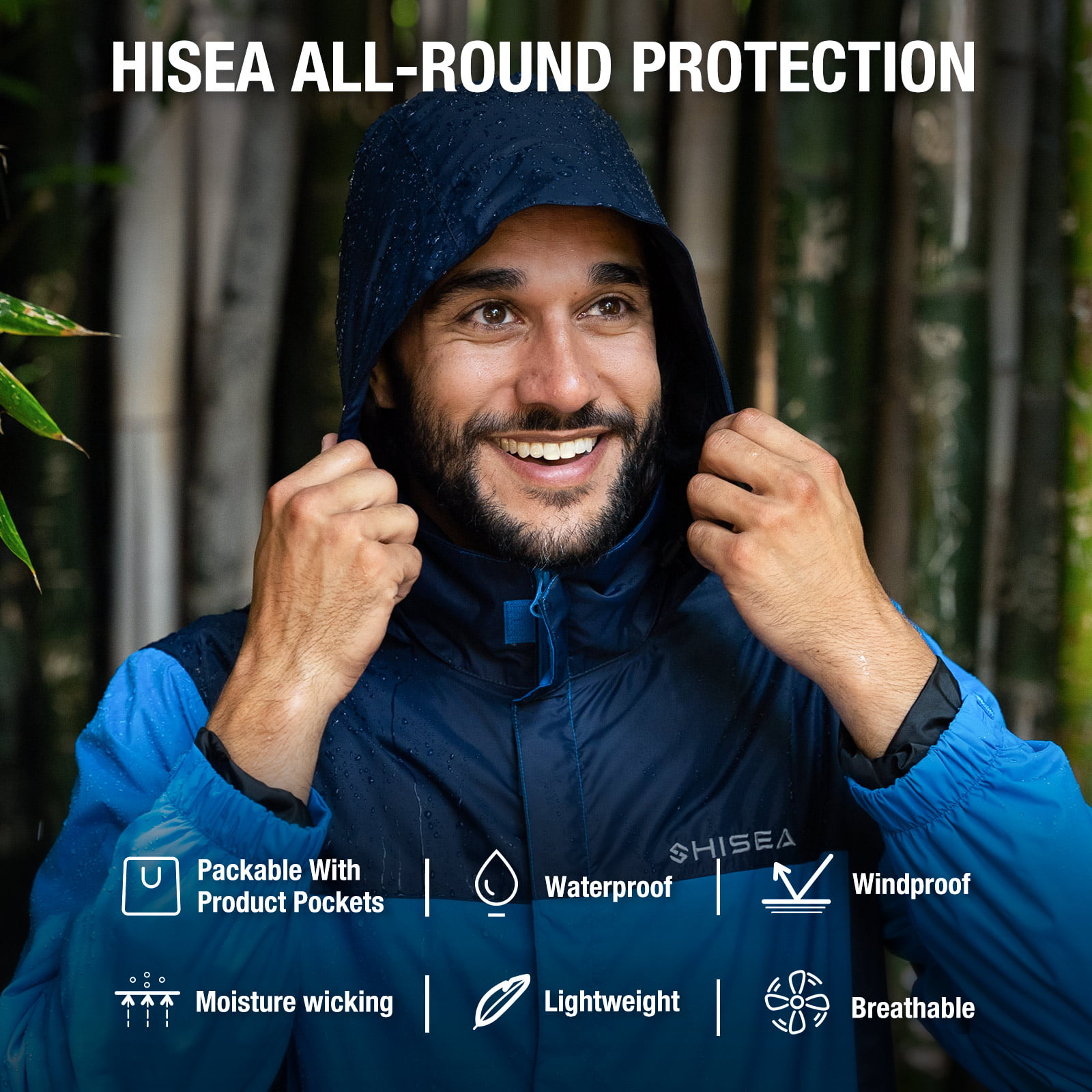 HISEA Men's Rain Jacket Lightweight Waterproof Raincoat with Hood Windbreaker Outdoor Packable 