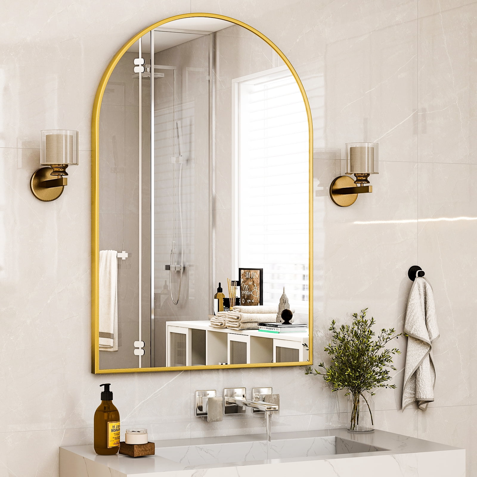SHATTERVIEW 30"x40" Bathroom Wall Mounted Mirror Arched Hanging Vanity Mirror, Gold