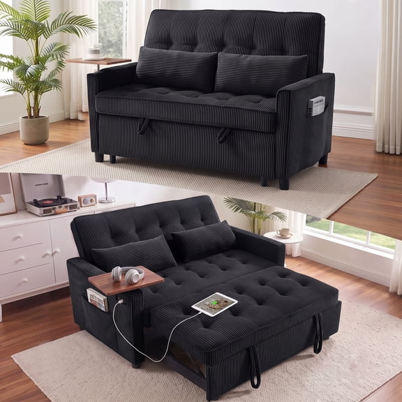 AISWORD 55" 3-in-1 Convertible Sleeper Sofa Bed, Pull Out Loveseat Couch with Side Tray Table & USB Charging Port, Adjustable Backrest Sofa for Apartment, Bedroom, Office, Black