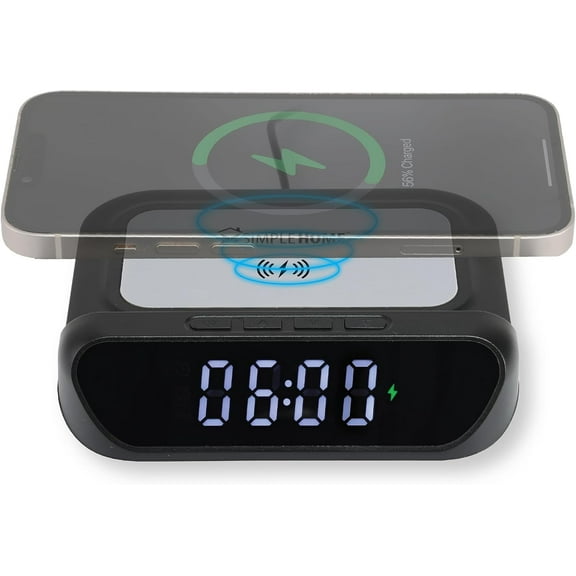 Simple Home Digital Alarm Clock with Wireless Charging Station, 15W Wireless Charger, Black