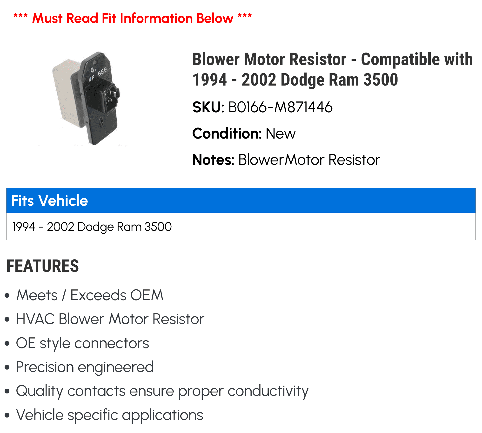 Blower Motor Resistor - Compatible with 1994 - 2002 Dodge Ram 3500 1995 1996 1997 1998 1999 2000 2001