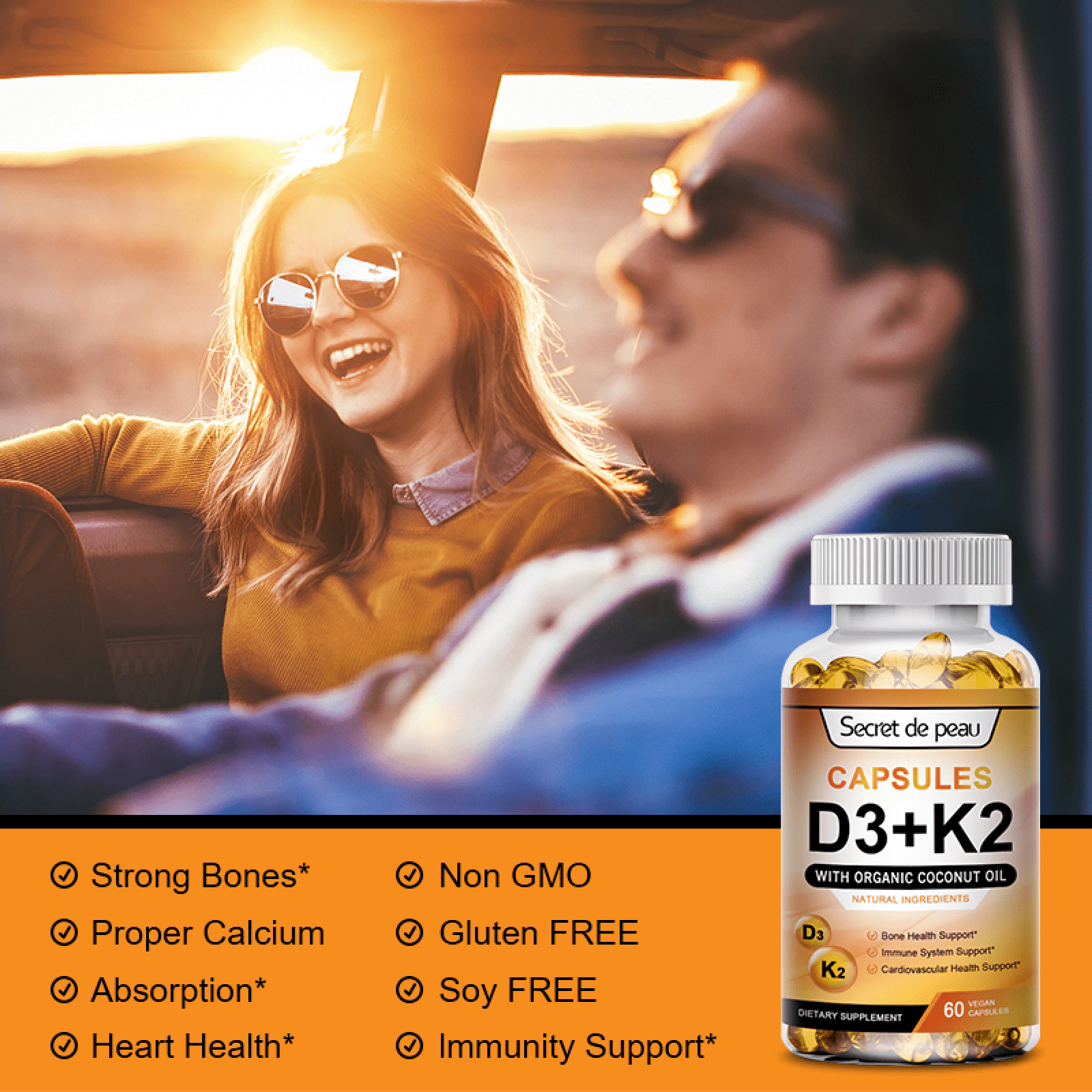 (2 Pack)Secret de peau Capsules D3 + K2 Vitamin Supplement,Supports Immune System,Heart,Bones,120 Ct