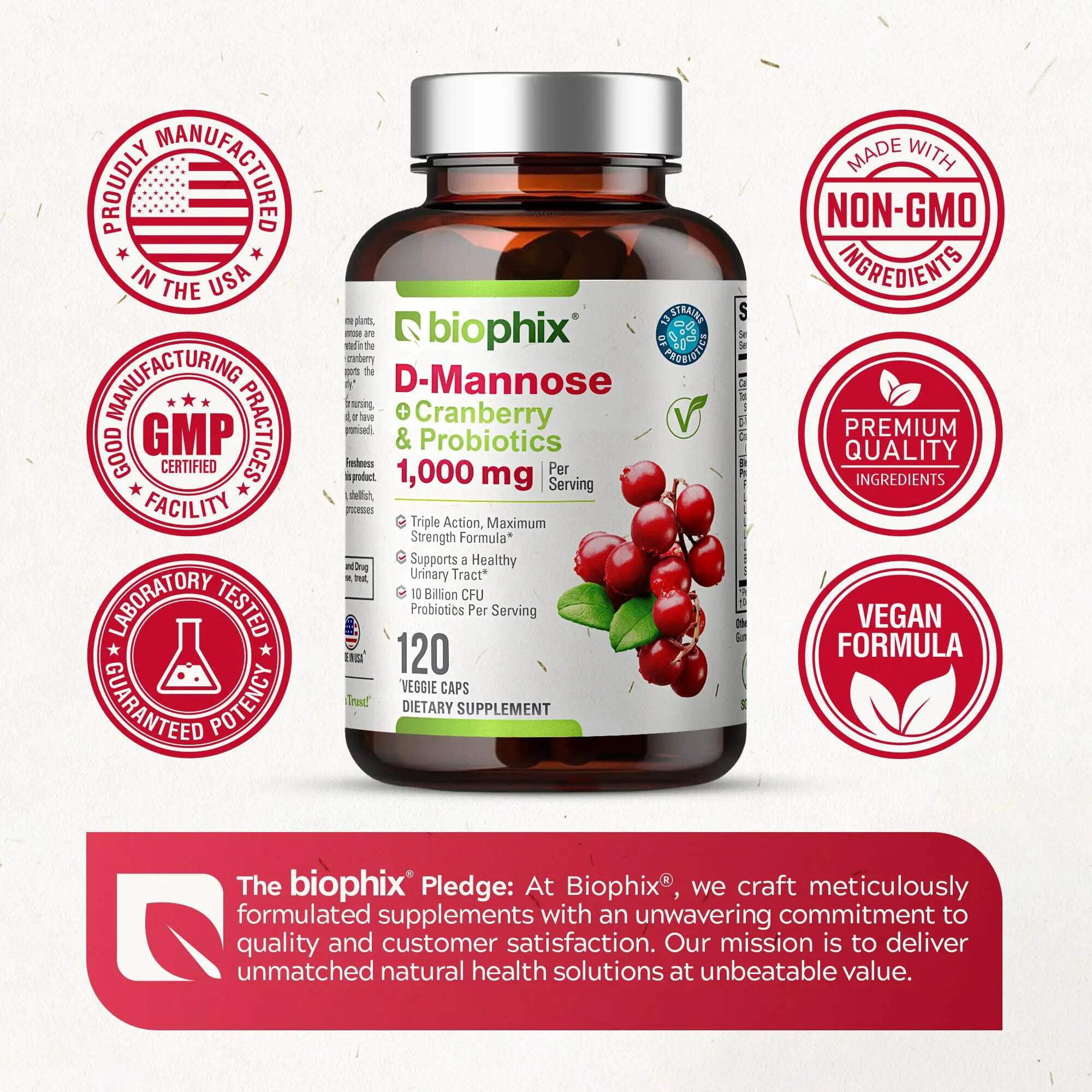 Biophix D-Mannose with Cranberry & Probiotics 1000mg – 120 Vcaps for Urinary Tract Health Support