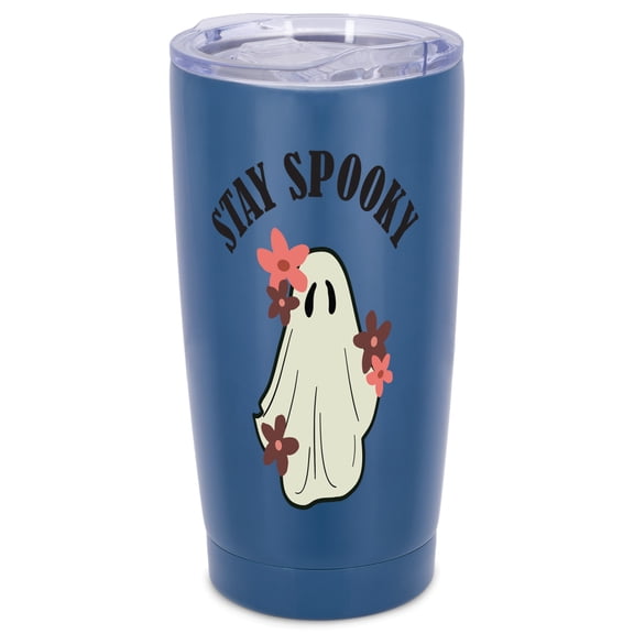 Elanze Designs Stay Spooky Flower Ghost Halloween Wrap-Around Design 20 Ounce Stainless Steel On-The-Go Coffee Mug, Thermal Travel Tumbler with Leak Resistant Slide Lid, Navy Blue