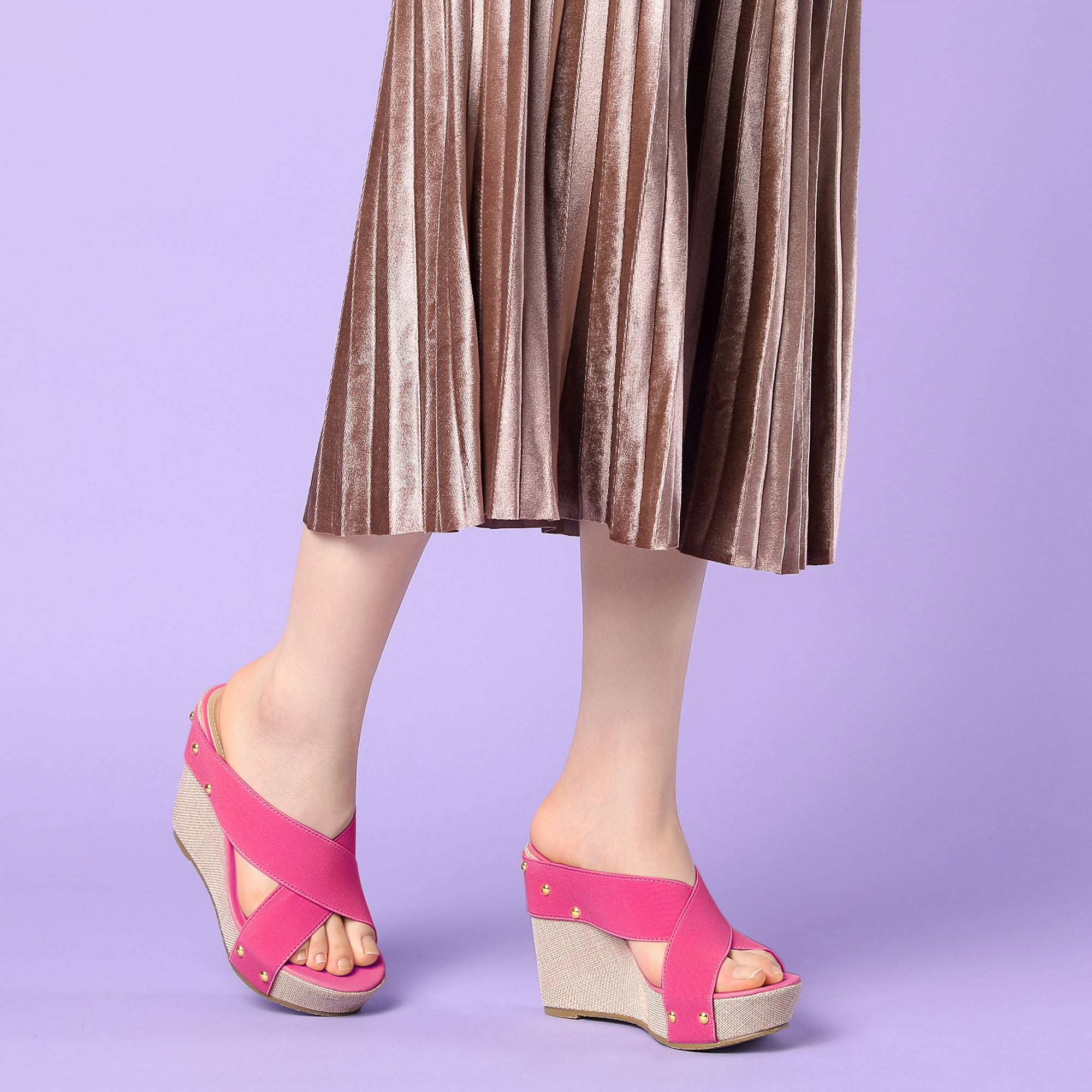DARING DIVA Women's Stylish Open Toe Linen Platform Slide Wedge Sandals Pink 7.5