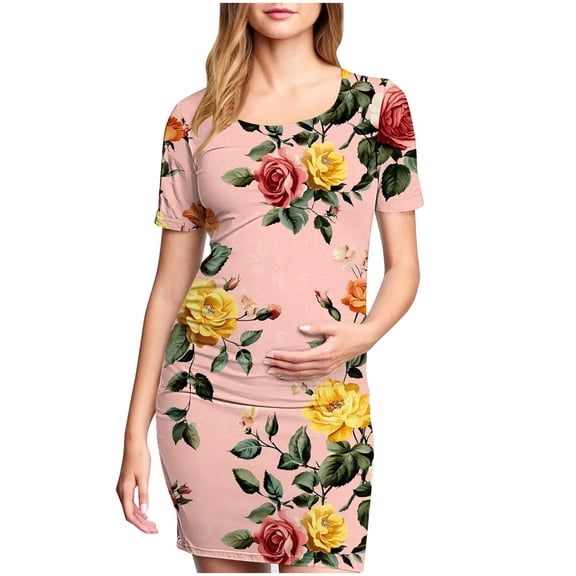 breaise Summer Short Sleeve Maternity Bodycon Dress Women Slim Fit Pregnancy T Shirt Short Dress Crew Neck Mama Clothes Casual Lounge Baby Shower Dress