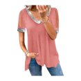 thumbnail image 2 of Camiseta informal de verano con empalme de tela brillante y manga corta con cuello en V y hombros descubiertos para mujer, 2 of 5