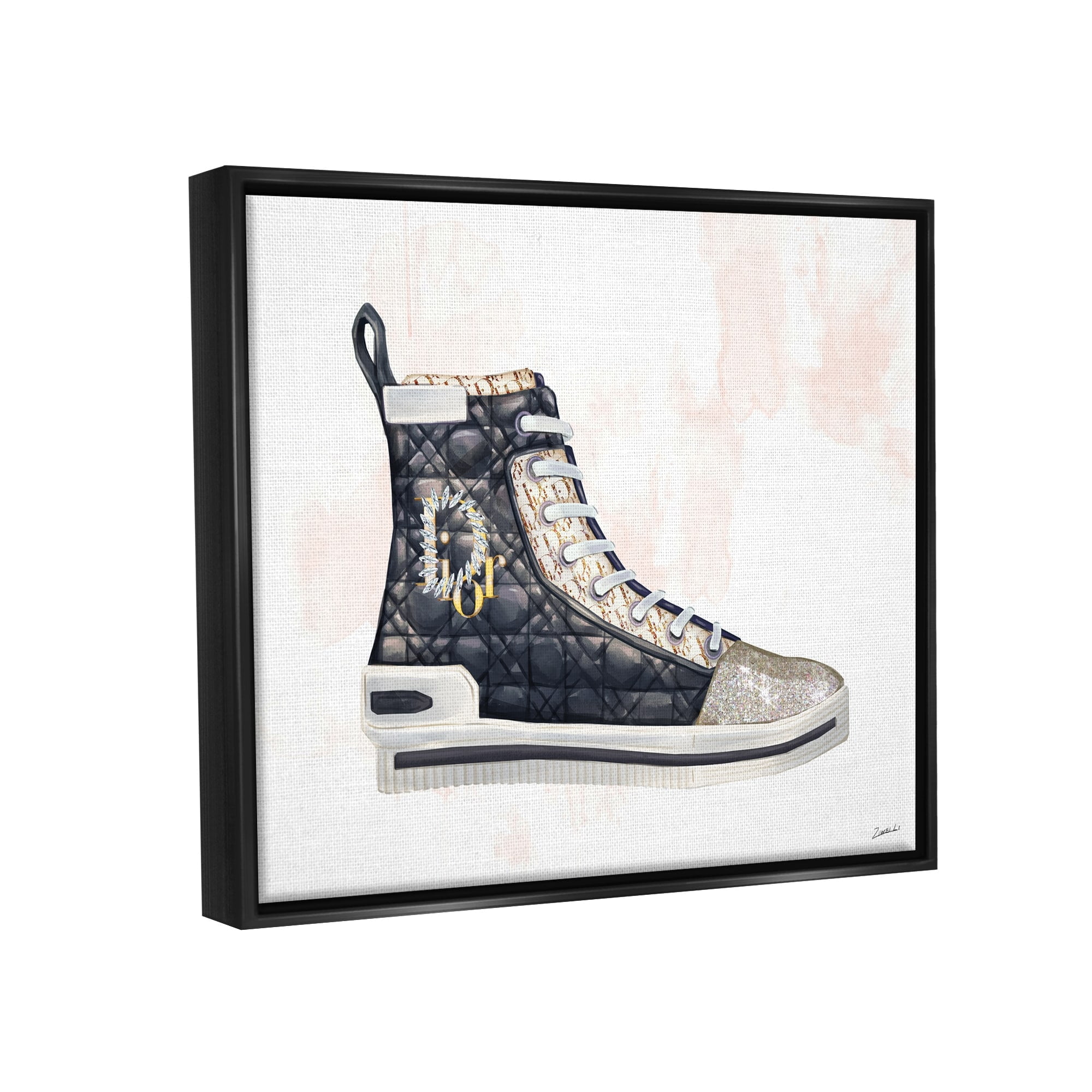 Stupell Industries High Top Fashion Forward Quilted Sneakers Glam Style Jet Black Framed Floating Canvas Wall Art, 16x20, by Ziwei Li