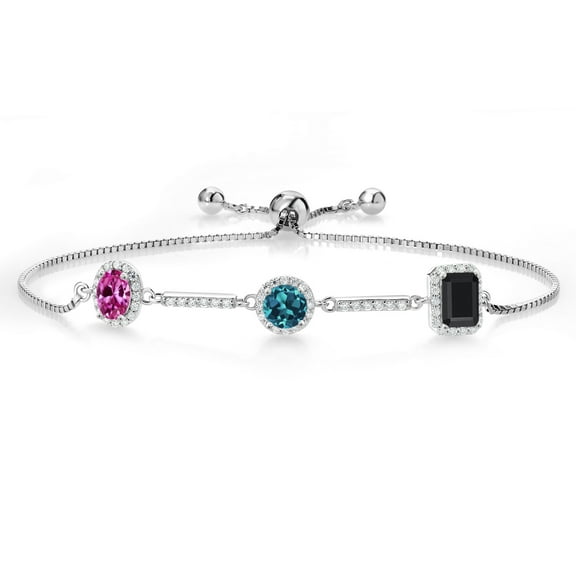 Gem Stone King 1.76 Ct Oval Pink Created Sapphire London Blue Topaz 925 Sterling Silver Bracelet for Women