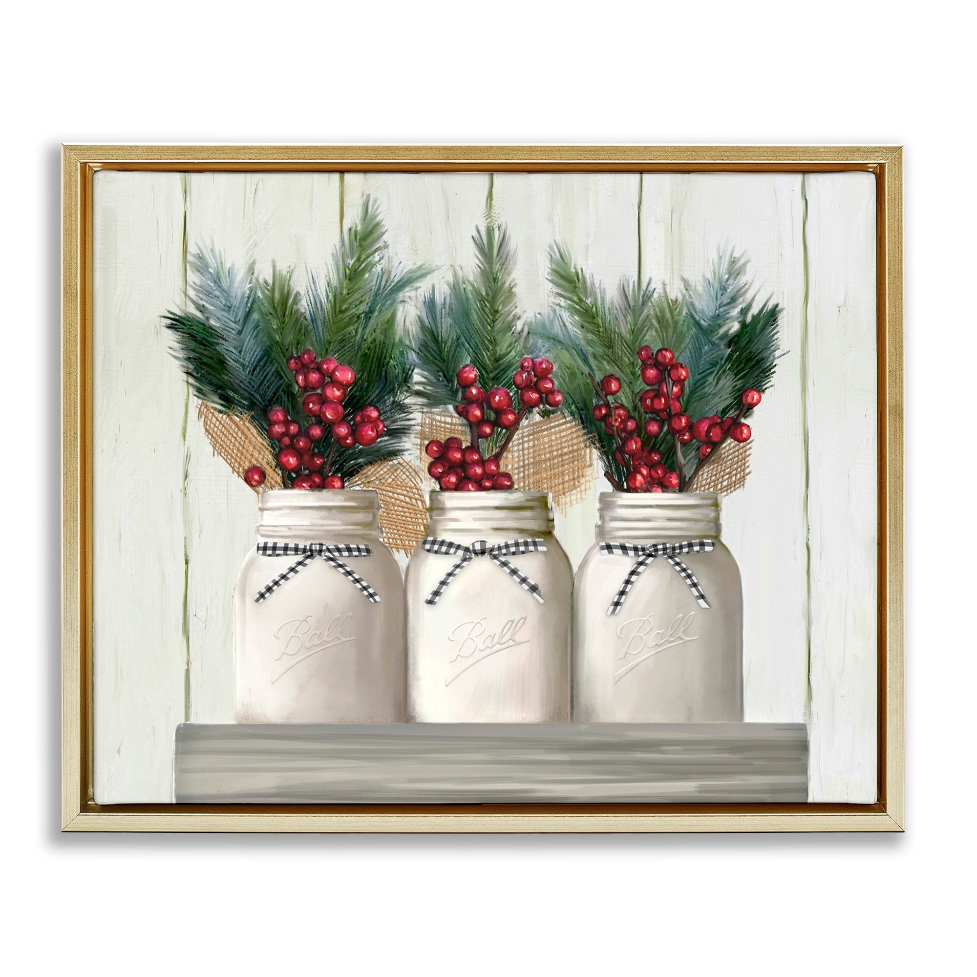 Stupell Industries White Country Jars with Christmas Berry Bouquets Metallic Gold Framed Floating Canvas Wall Art, 16x20, by Ziwei Li
