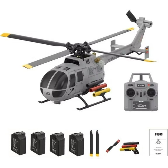 RC-ERA C186S BO105 RC Helicopter 6CH Brushless 2.4GHz Remote Control Aircraft with Optical Flow Positioning, Altitude Hold, 6 Axis Gyro, One Key Takeoff Landing for Adults - 4 Battery