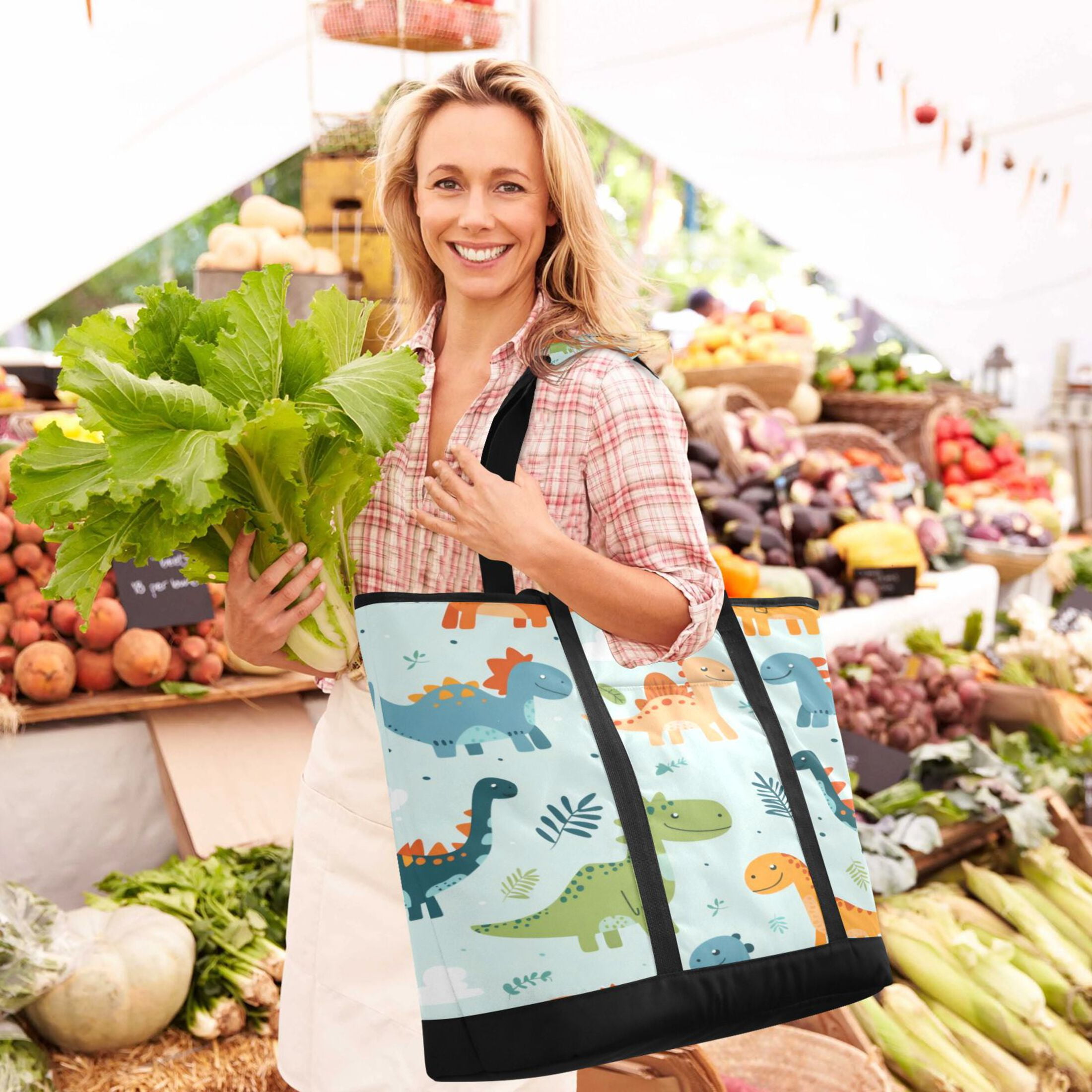 Large Hand-held Ice Pack Picnic Bag Insulation and Refrigeration Suitable for Shopping Picnics and Camping Polychromatic Dinosaur