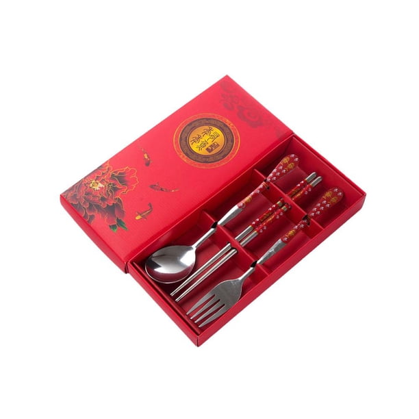 Regalos Cubiertos Palillos Cuchara Tenedor Juego de Vajilla de Acero Inoxidable de Tres Piezas F1B5