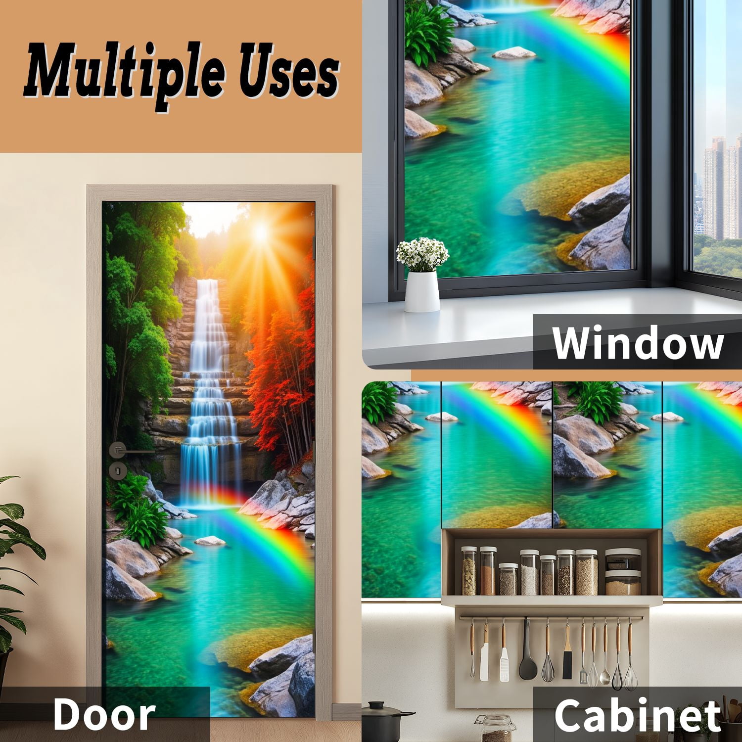 Self Adhesive Vinyl Refrigerator Wrap Set Waterfall Rainbow Landscape Nature Forest Greenery Autumn Door Mural Removable Fridge Sticker Peel and Stick&nbsp;Full Door Cover Decal Kitchen Bar Decor