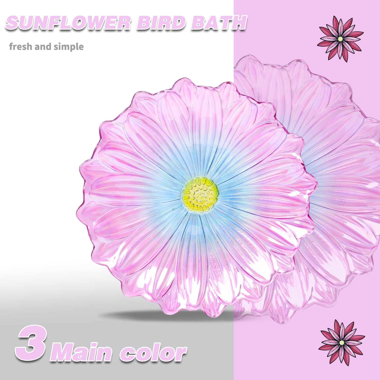 Outdoor Bird Bath, Pink Blue Flower Bird Bath with Metal Stand, Attract Birds, Suitable for Patio Garden Decoration, Outdoor Decoration