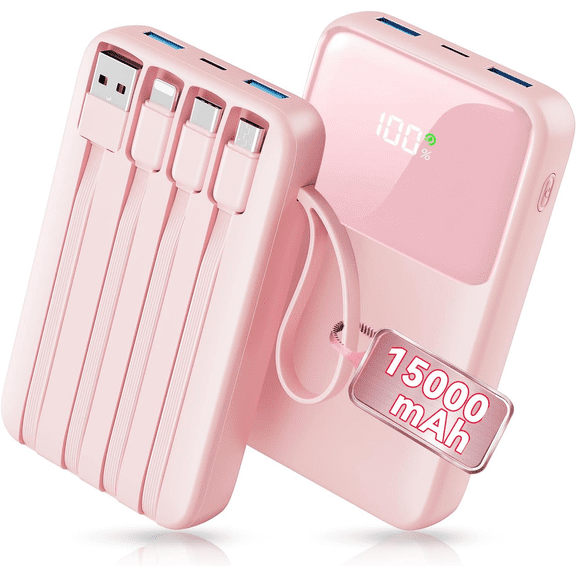 45% Smaller Portable Charger, 15000mAh Power Bank Built-in 4 Cables, Pink 50% More Capacity, Slim Travel Essential Battery Pack, 30-Min 22.5W Fast Charge to 50% Compatible for iPhone/Samsung