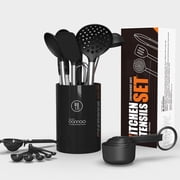 Large Silicone Cooking Utensils Set - Heat Resistant Kitchen Utensils Sets,Spatula,Spoon,Turner Tongs,Brush,Whisk,Stainless Steel Silicone Cooking Utensil for Nonstick Cookware Dishwasher Safe (Black