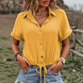 thumbnail image 2 of Tfken Summer Women Tshirts Lapel Neck Short Sleeve Solid Color Tops With Button Casual Daily Wear Female Soft Shirts Yellow, 2 of 5