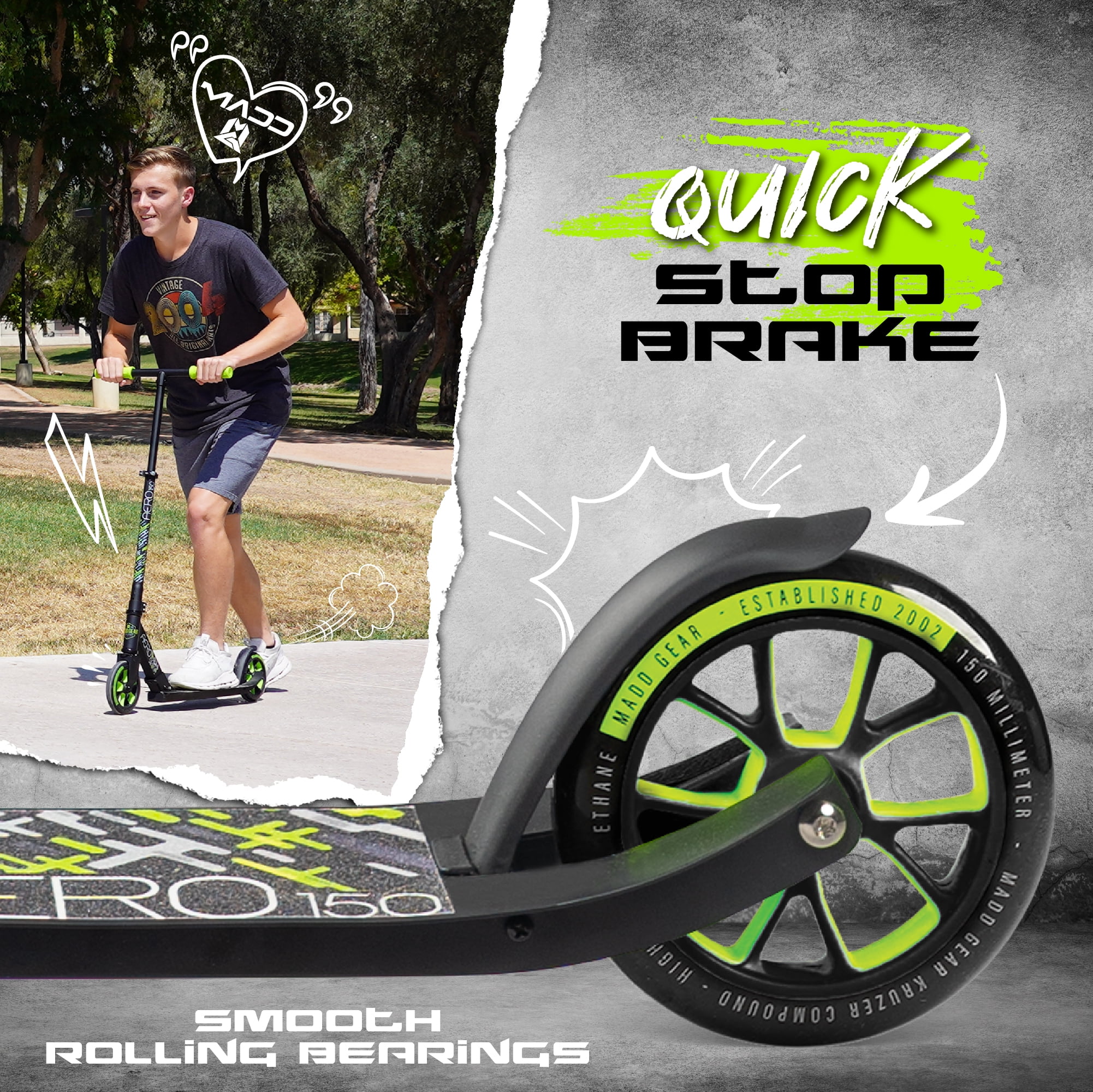 Madd Gear Aero 150 Kick Folding Scooter Large 6" Wheels Adjustable Height Lightweight Kids & Teens 5 Years Plus