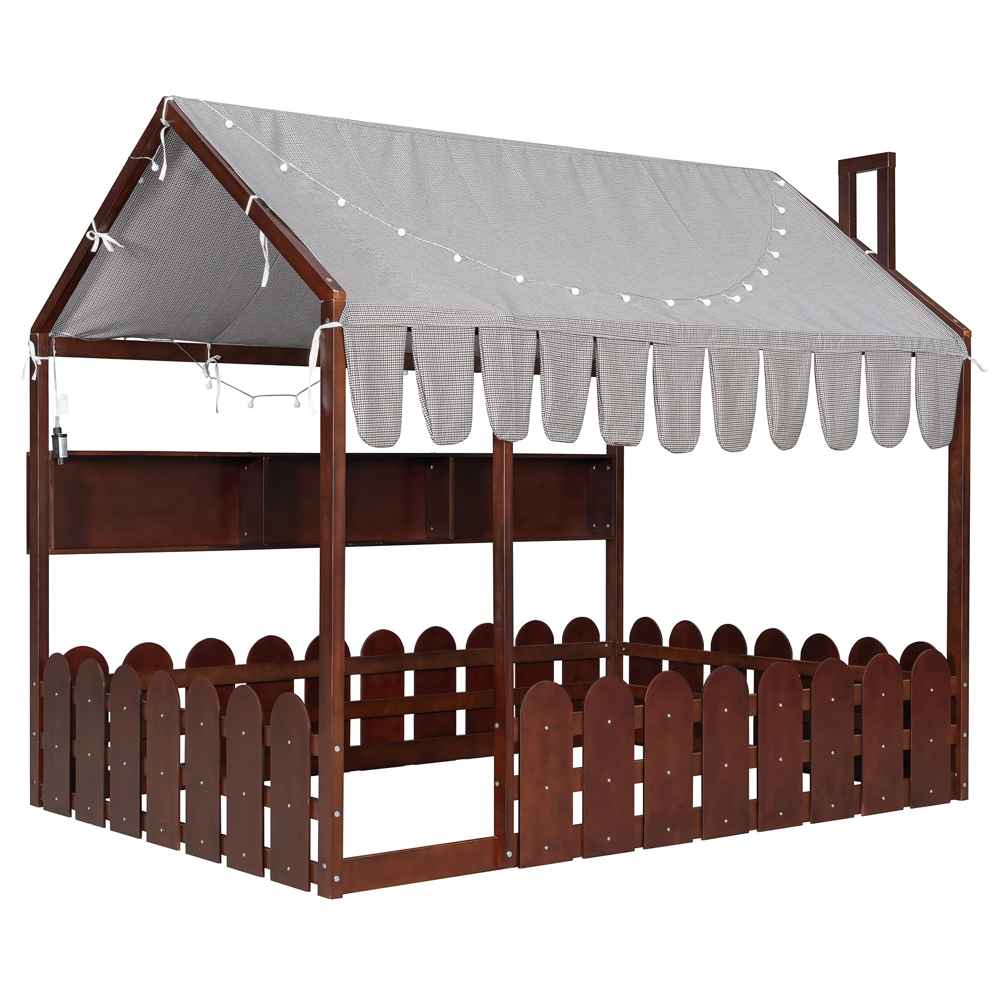Sailvan Full Size Montessori House Bed for Kids, Floor Bed with Fence Railings, Slats not included